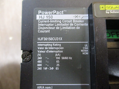 Square D PowerPact HJ 150 Circuit Breaker HJF36150CU31X 150A 600V 3P Used