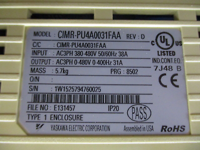 Yaskawa P1000 AC Drive CIMR-PU4A0031FAA Rev. D 20HP 3Ph w/ Keypad Used