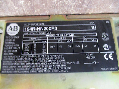 Allen-Bradley Fusible Disconnect Switch 194R-NN200P3 Ser. B 200A 600V 3P Used