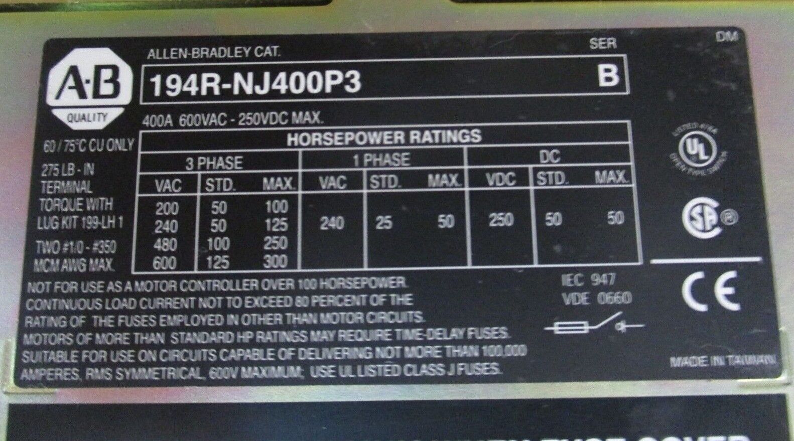 Allen-Bradley Fusible Disconnect Switch 194R-NJ400P3 Ser. B 400A 600V 3P Used