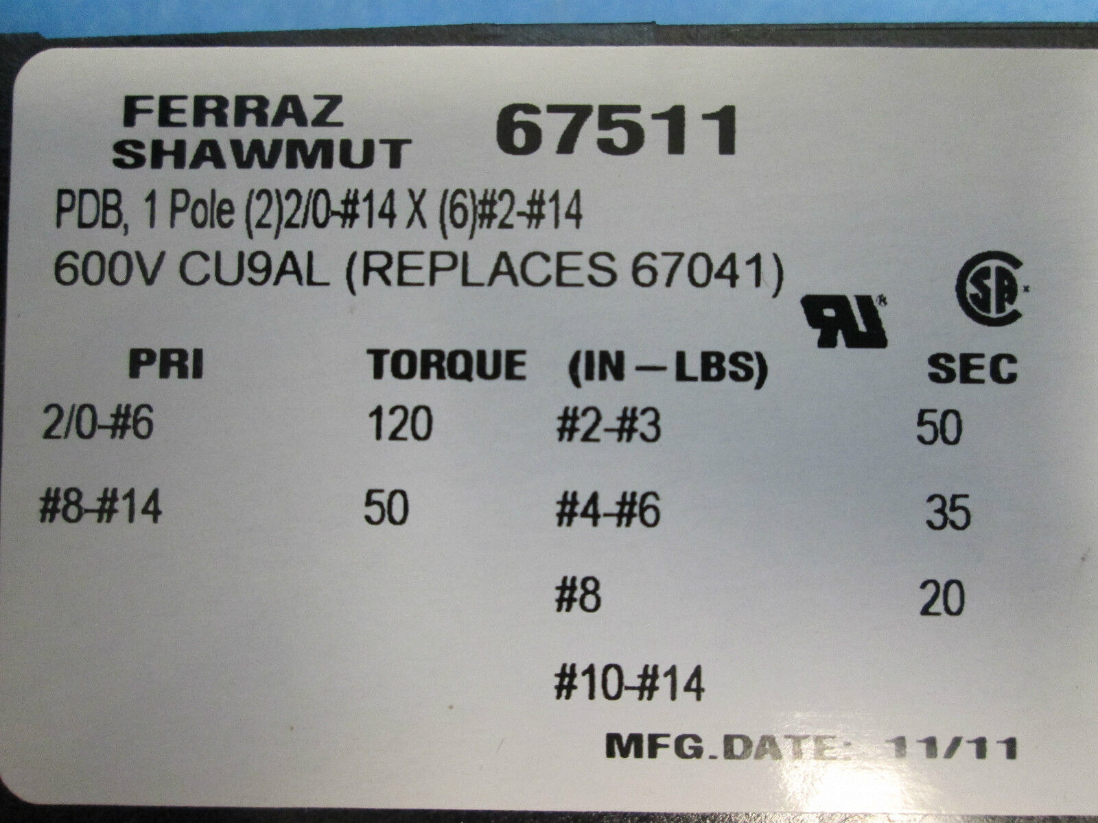 Ferraz Shawmut Power Distribution Block 67511 *Set of 3* New Surplus