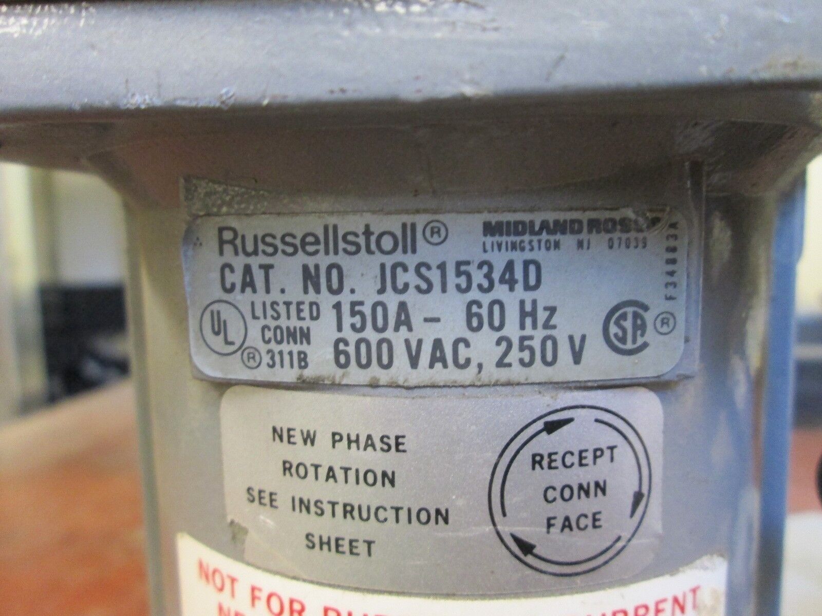 Russellstoll Connector JCS1534D 150A 600V 3P 4W Wire End Used