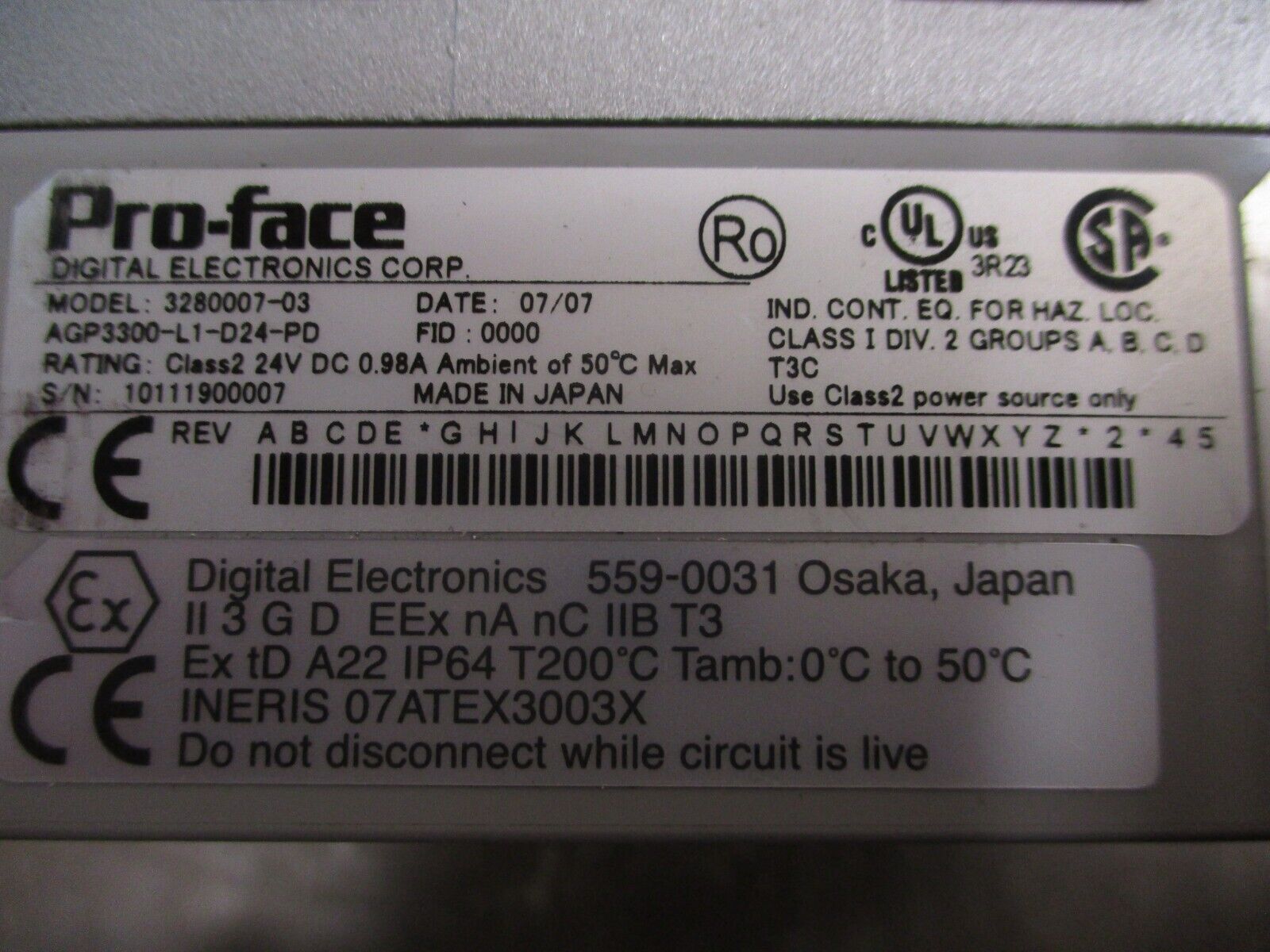 Digital Electronics Pro-Face Touchscreen Operator Interface 3280007-03 24VDC