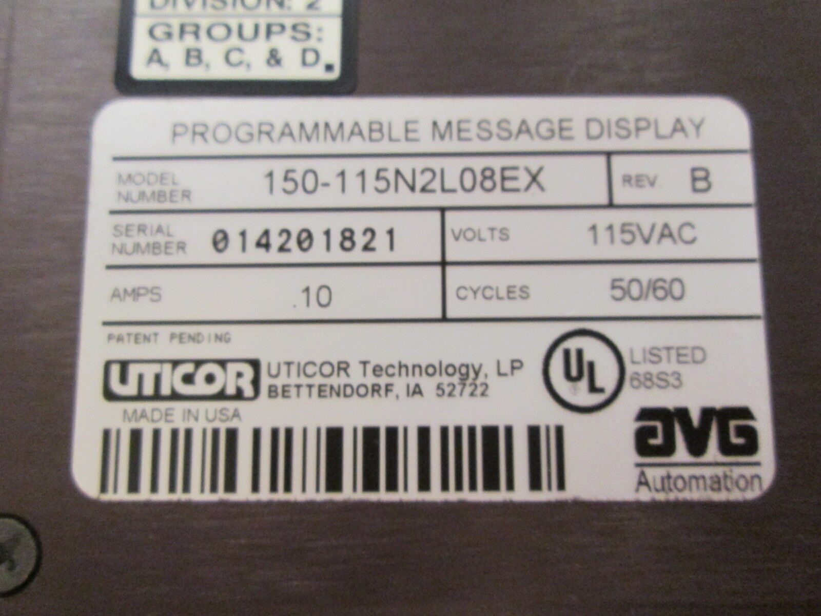 Uticor Programmable Message Display 150-115N2L08EX Rev B 115V 0.10A 50/60Hz Used