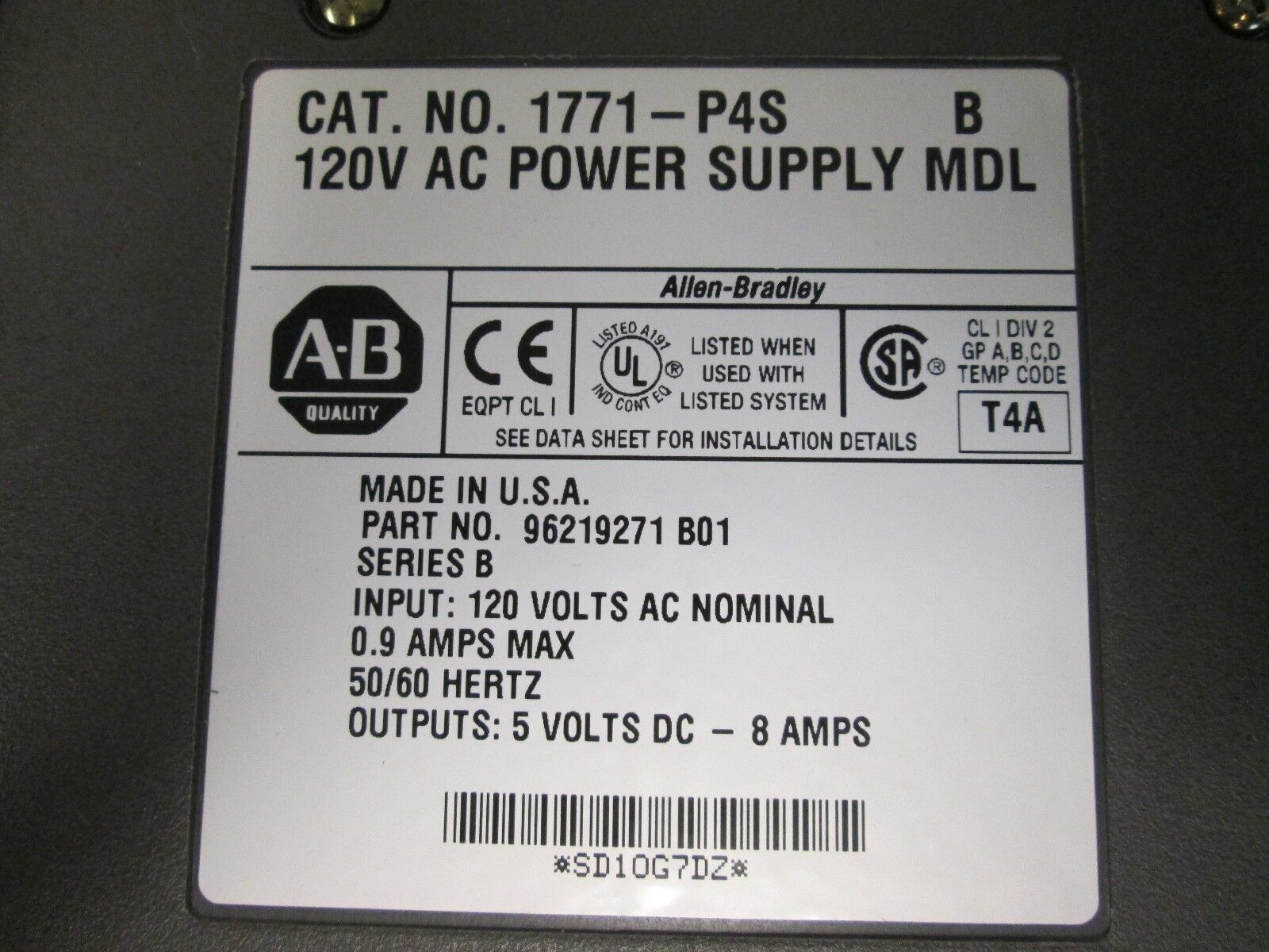 Allen-Bradley AC Power Supply Module 1771-P4S In: 120VAC 0.9A Out: 5VDC 8A Used