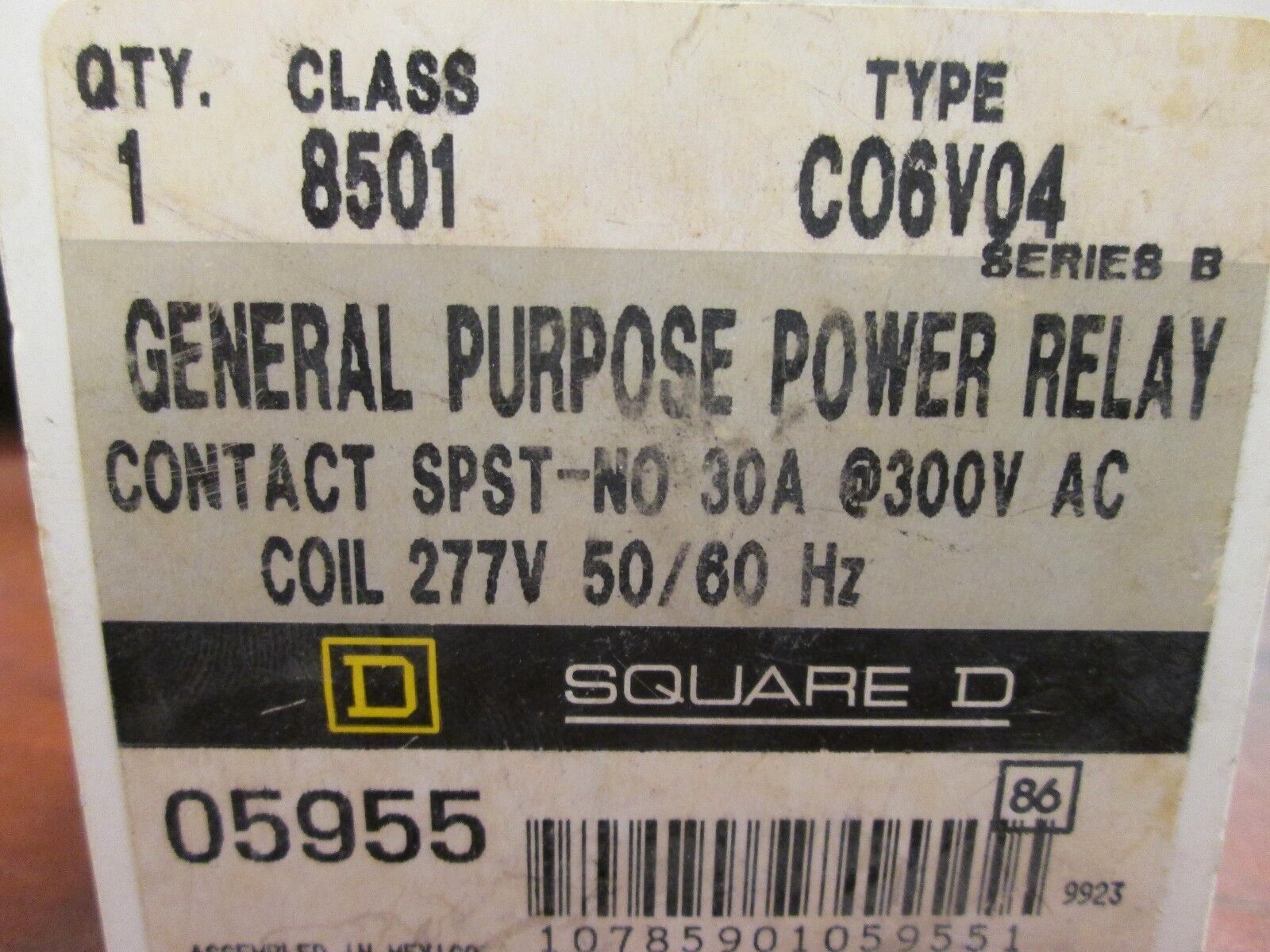 Square D General Purpose Power Relay 8501C06V04 30A 300V Coil 277V New Surplus