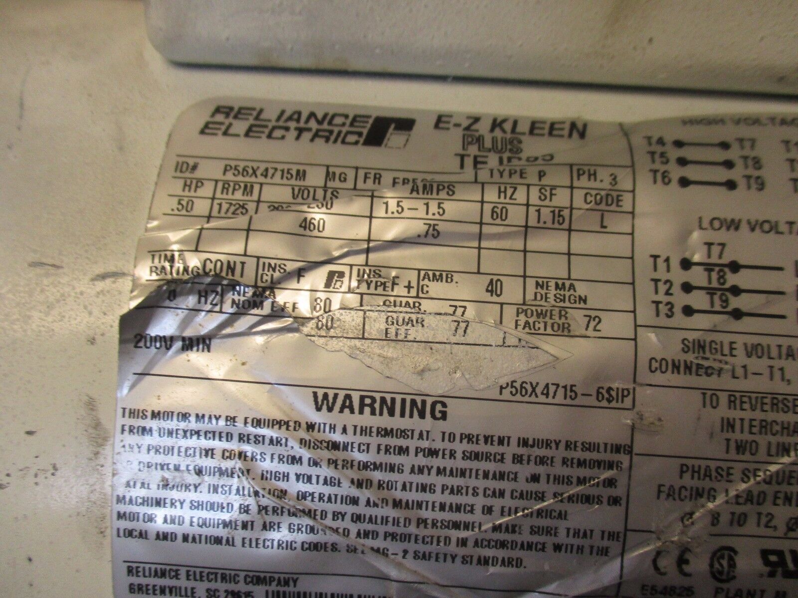 Reliance A-C Motor P56X4715M .50HP 1725RPM 208-230/460V 1.5-1.5/.75A Used