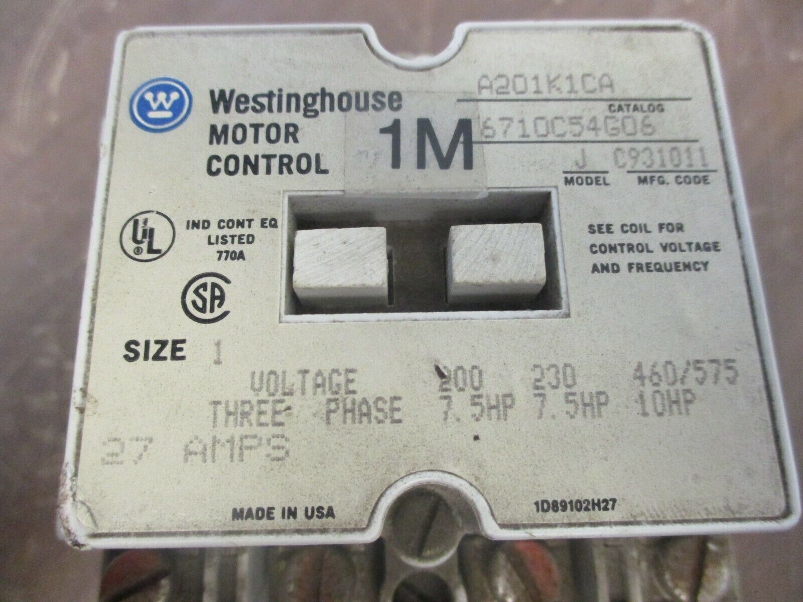 Westinghouse Size 1 Contactor A201K1CA 120V Coil 27A Used