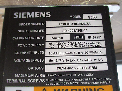 Siemens 9330 Power Meter w/ Display 9330RC-100-0NZDZA Used