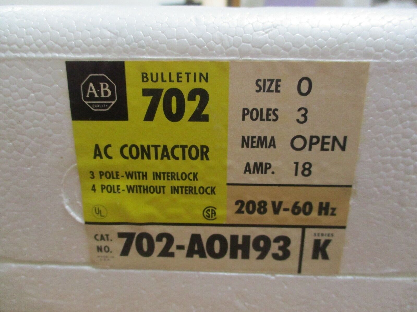 Allen-Bradley Size 0 Contactor 702-A0H93 Ser. K 208V Coil 18A 3P New Surplus
