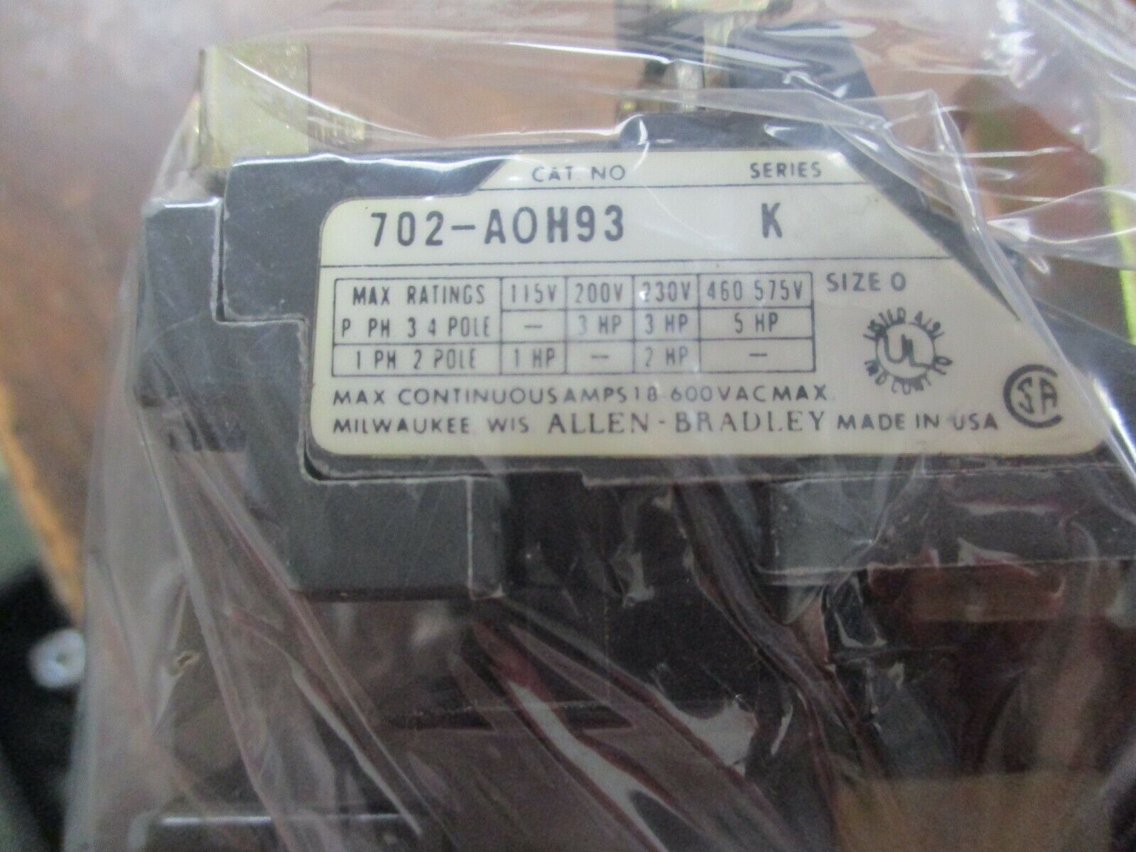 Allen-Bradley Size 0 Contactor 702-A0H93 Ser. K 208V Coil 18A 3P New Surplus