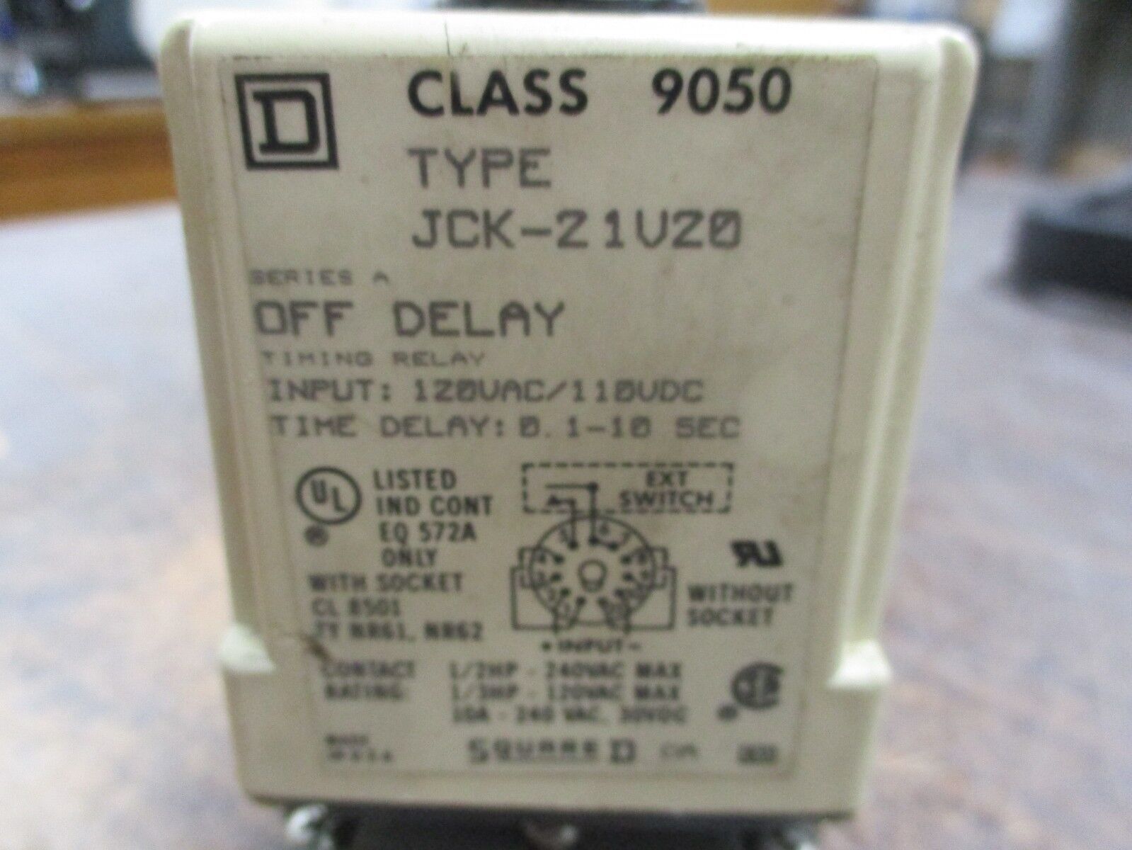 Square D Timing Relay 9050 JCK-21V20 120VAC 110VDC Delay: 0.1-10sec Used