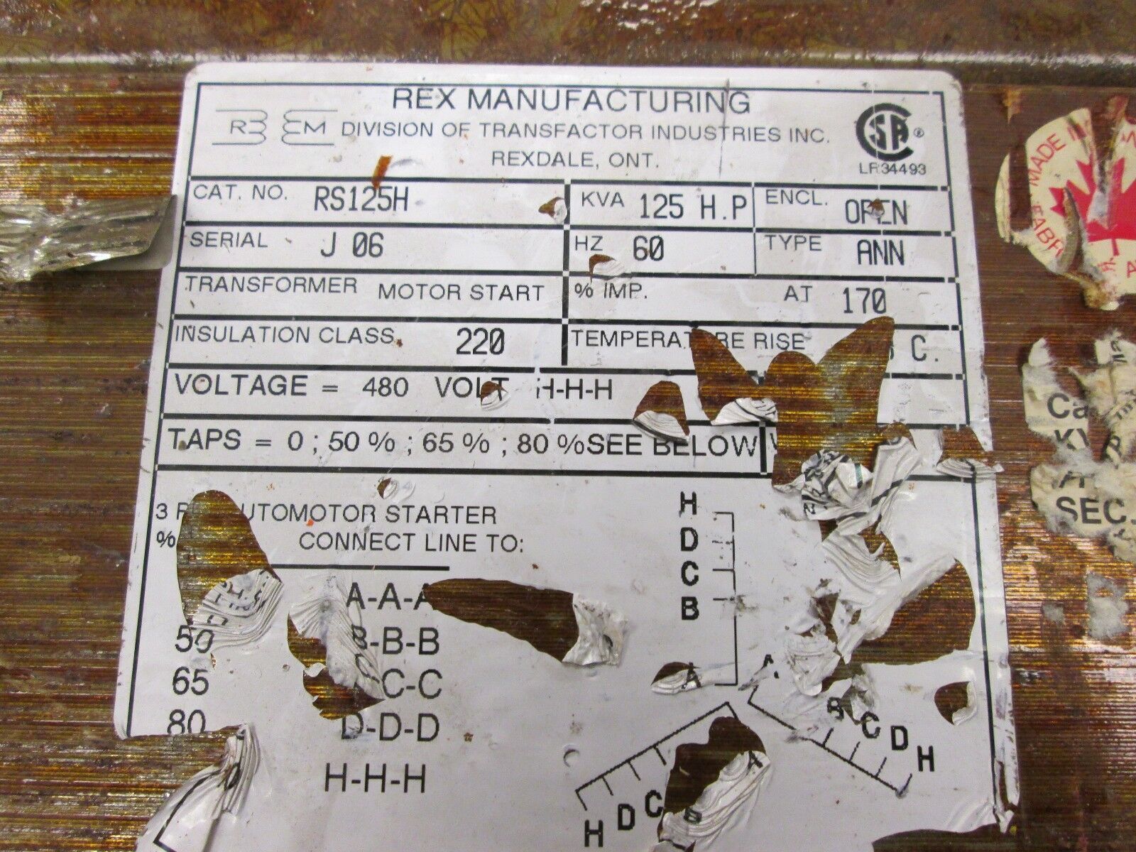 Rex Manufacturing Control Transformer RS125H 125HP 480V 3Ph