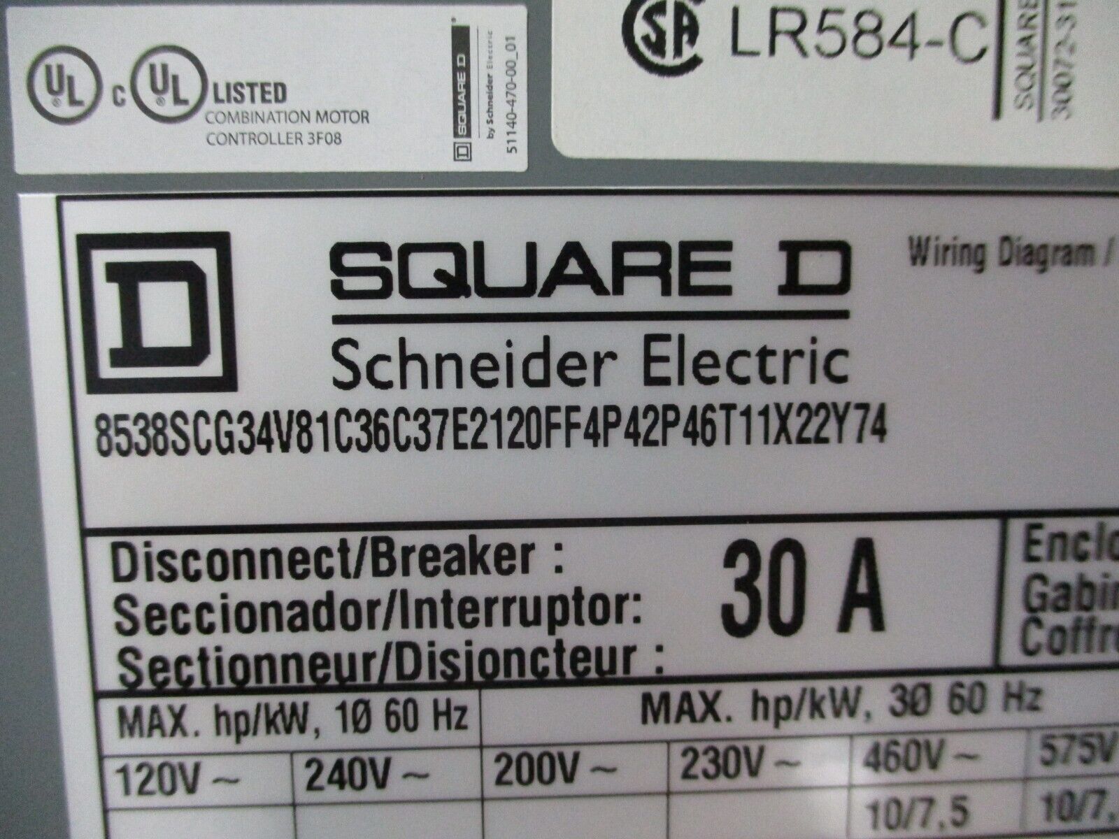 Square D Size 1 Combination 8538SCG34V81C36C37E2120FF4P42P46T11X22Y74 Ser. K