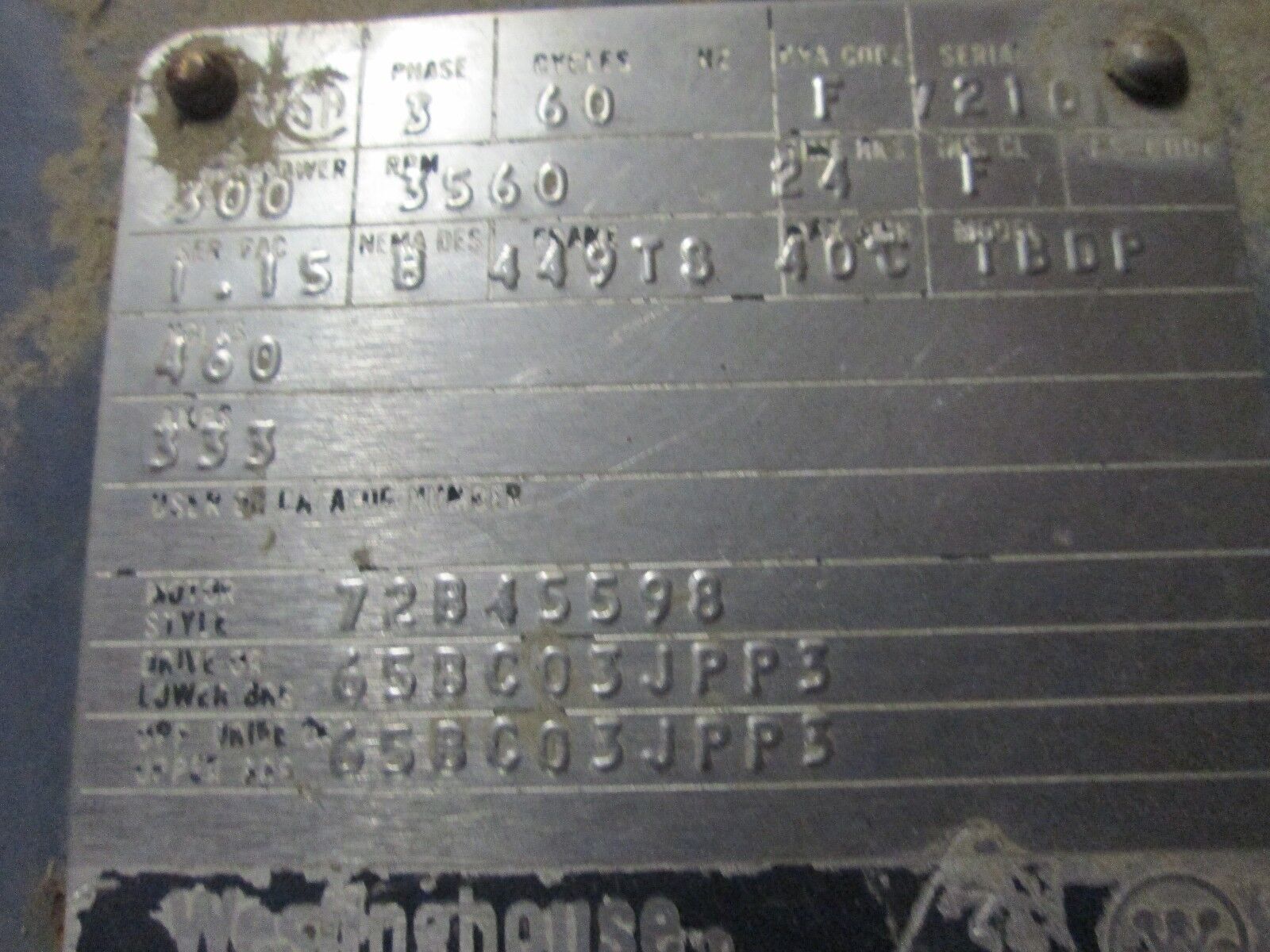 Westinghouse Motor TBDP 300HP 3600RPM 449TS Frame 460V 333A Used