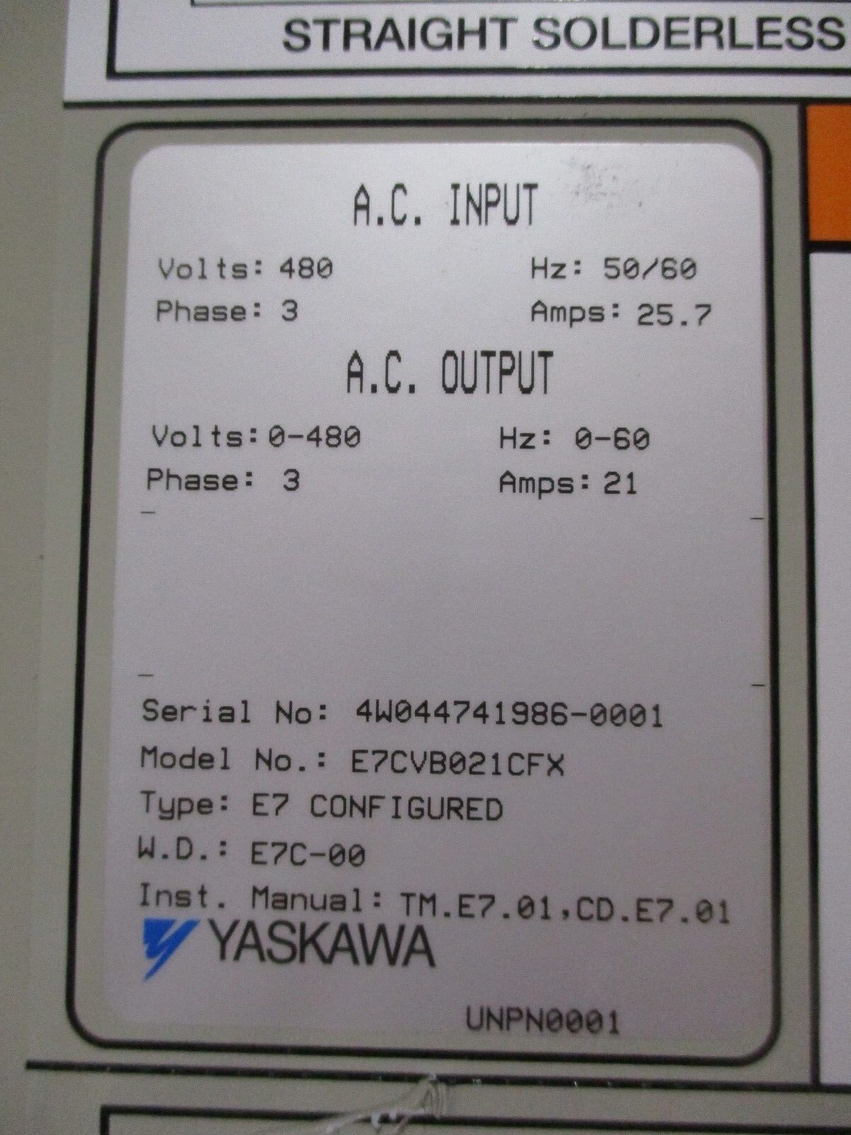 Yaskawa E7 AC Drive w/ Breaker Disconnect E7CVB021CFX 15HP 3Ph Used