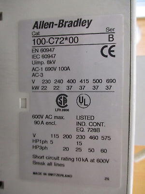 Allen-Bradley Reversing Starter 100-C72*00 / 193-EA2KE 120V Coil Trip: 26-85A