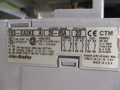 Allen-Bradley Reversing Starter 100-C72*00 / 193-EA2KE 120V Coil Trip: 26-85A