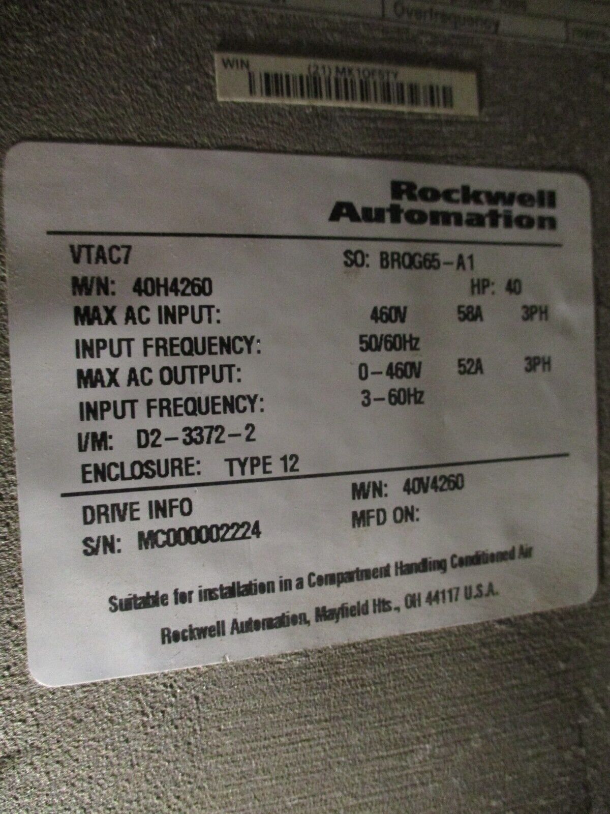 Rockwell Automation VTAC7 AC Drive 40H4260 40HP 3Ph Type 12 Enclosure Used
