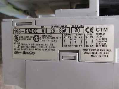 Allen-Bradley Reversing Starter 100-C72*00 / 193-EA2KE 120V Coil Trip: 26-85A