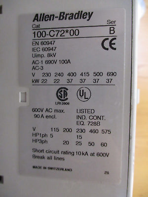 Allen-Bradley Reversing Starter 100-C72*00 / 193-EA2KE 120V Coil Trip: 26-85A