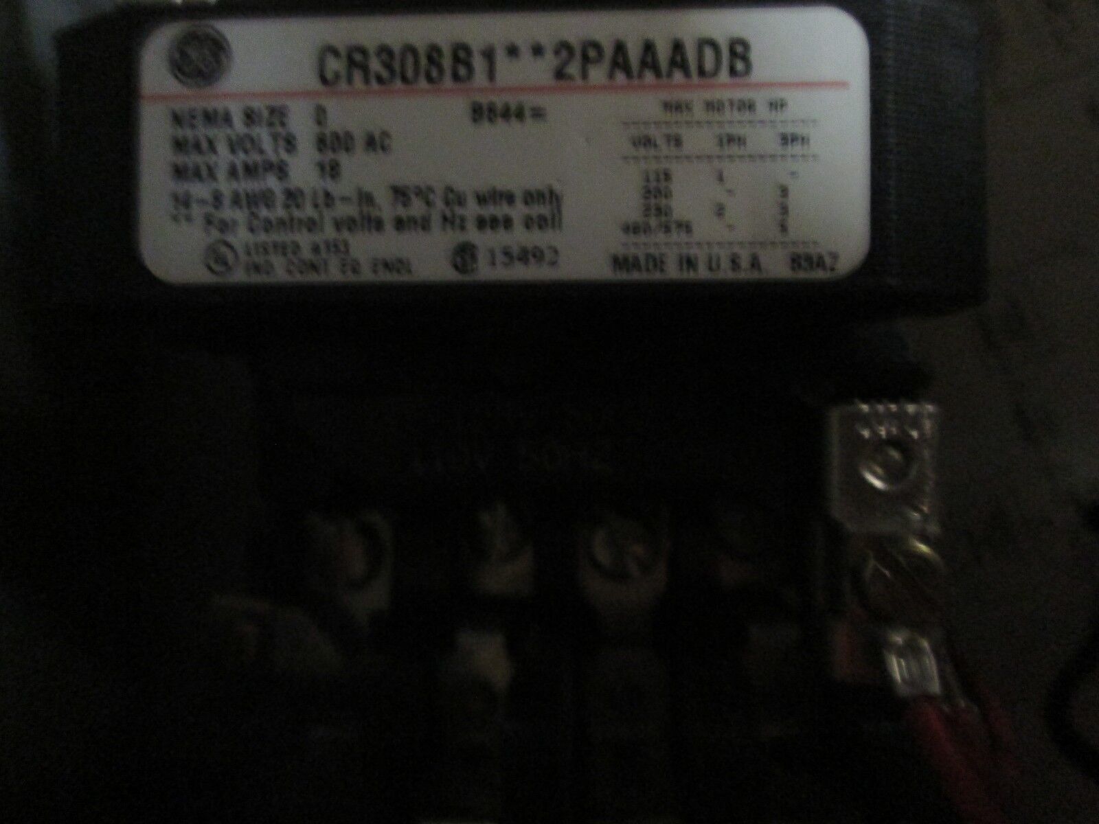General Electric Size 0 Combination, CR308B1**2PAADB, Fusible, 600V, 18A Used