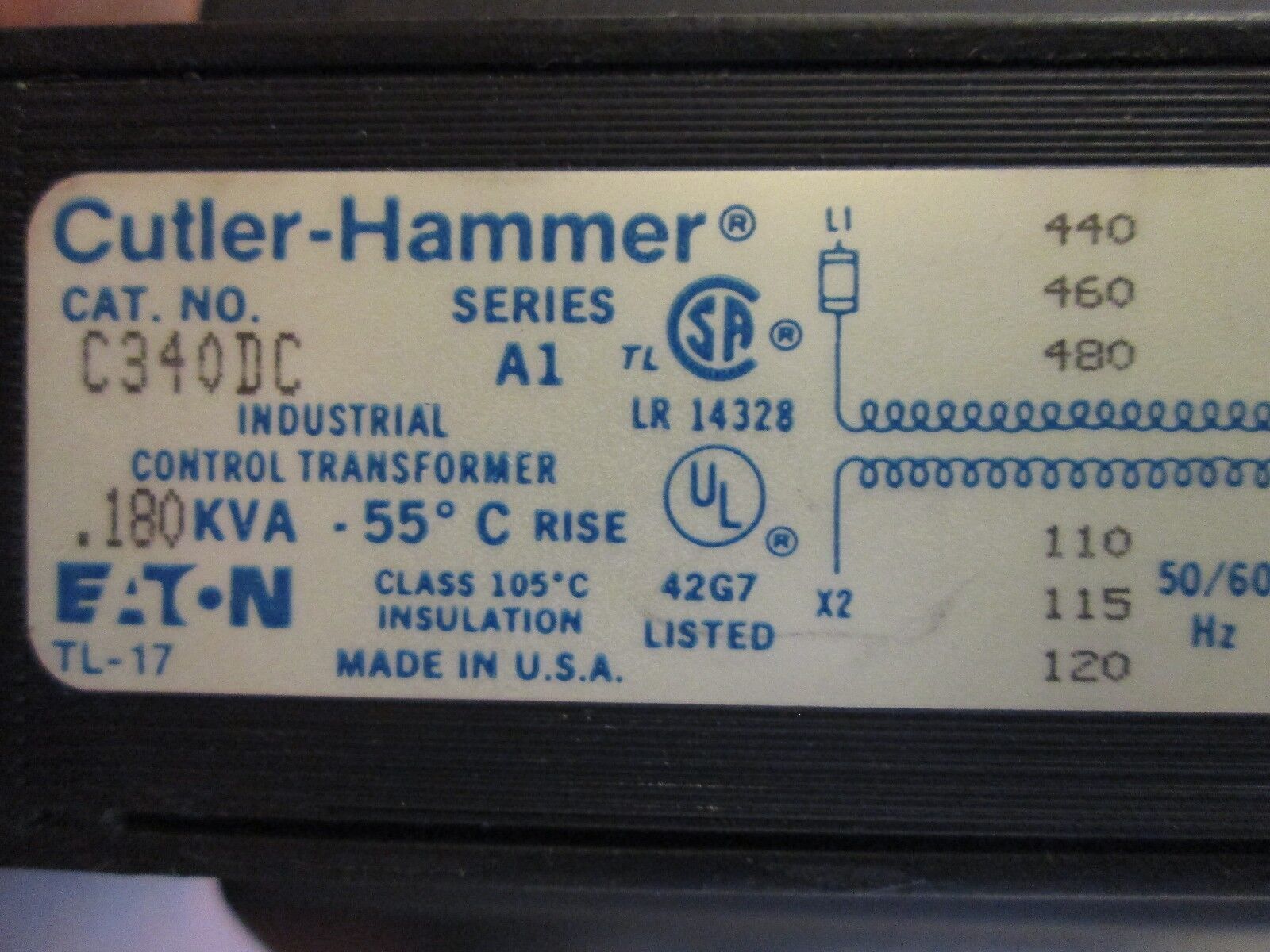 Cutler-Hammer Control Transformer C340DC .180KVA Pri 480V Sec 120V Used