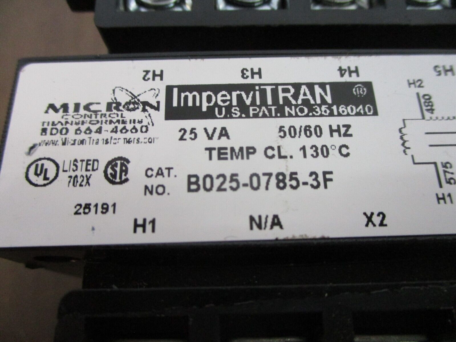Micron ImperviTRAN Control Transformer B025-0785-3F 25VA Pri: 230/400/480V Used