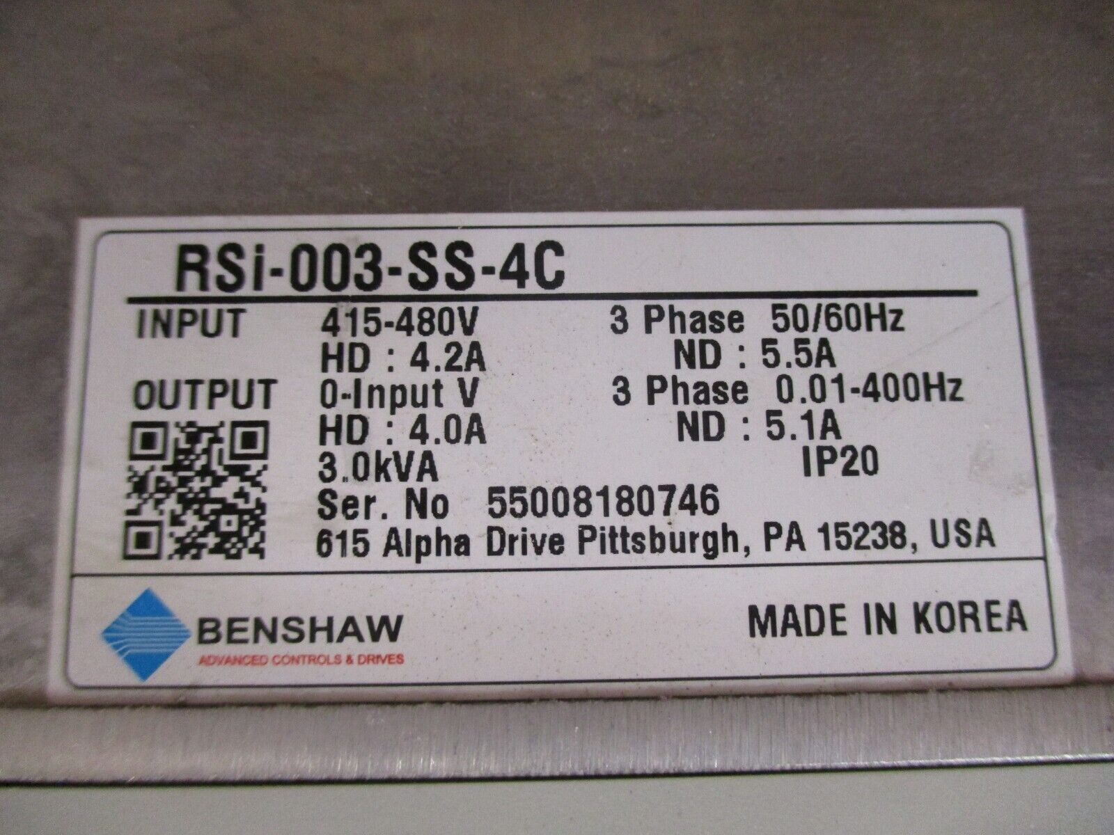 Benshaw RSi Series AC Drive RSi-003-SS-4C 3HP 3Ph *No Terminal Cover* Used