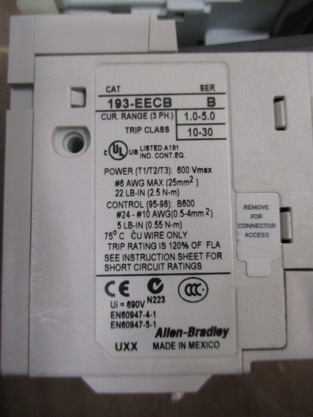 Allen-Bradley Starter 100-C09*10 / 193-EECB 120V Coil Trip: 1.0-5.0A 600V Used