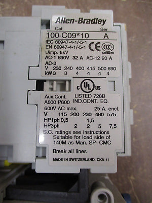 Allen-Bradley Starter 100-C09*10 / 193-EECB 120V Coil Trip: 1.0-5.0A 600V Used