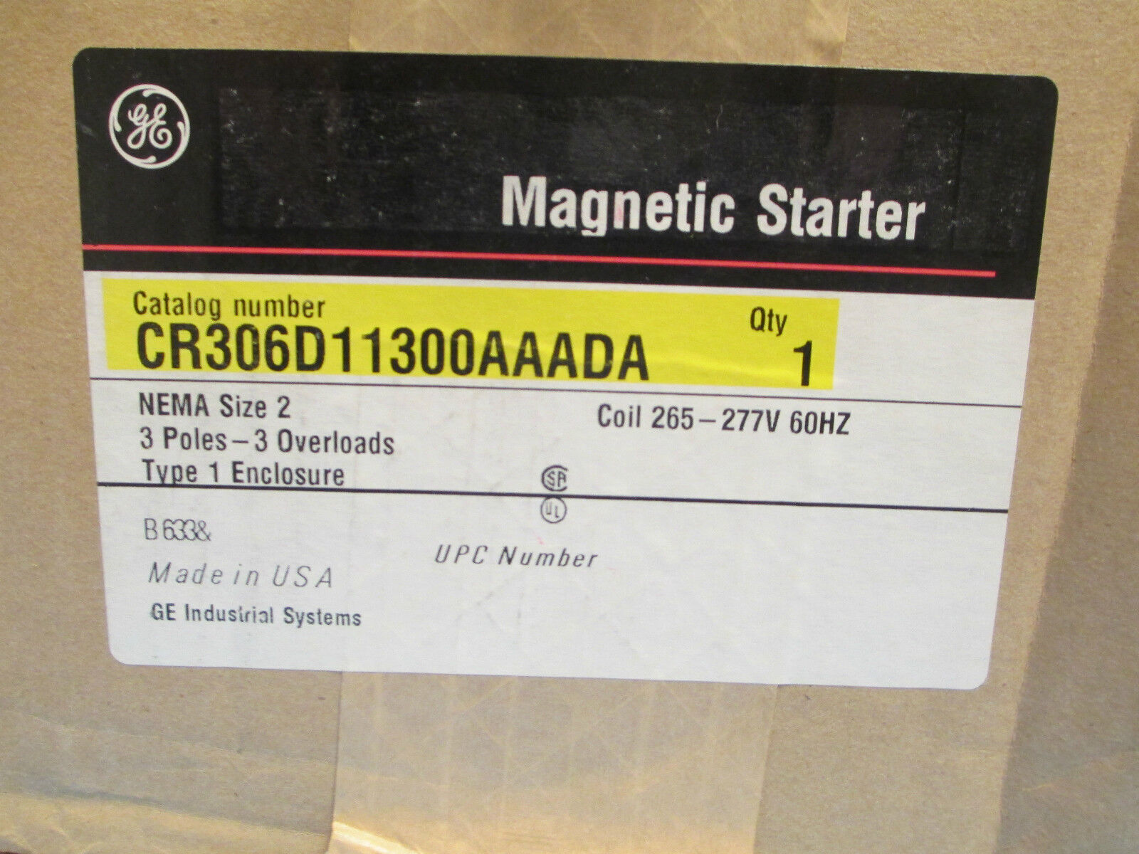 GE Starter With Enclosure CR306D11300AAADA, Size 2 3P 265-277V Coil, New Surplus