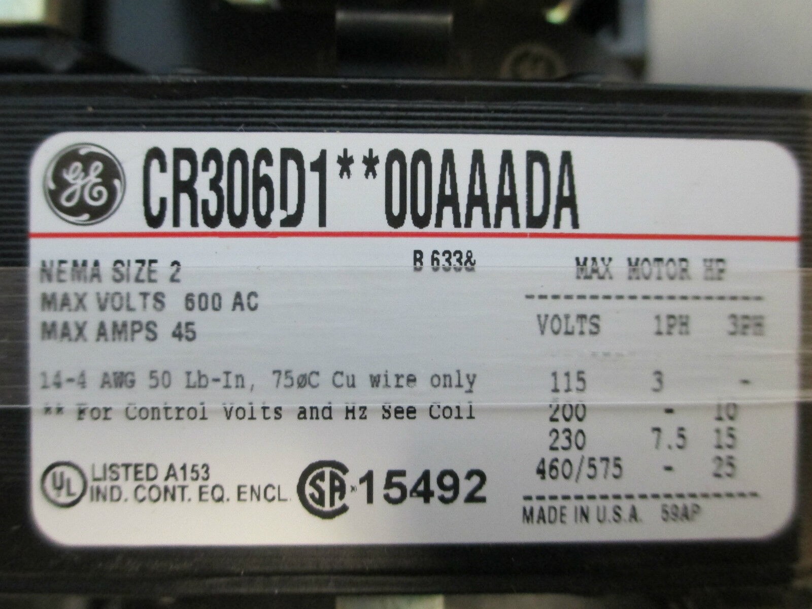 GE Starter With Enclosure CR306D11300AAADA, Size 2 3P 265-277V Coil, New Surplus