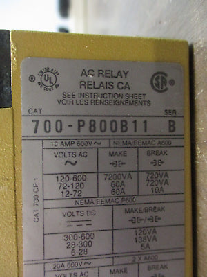 Allen-Bradley Type P AC Relay 700-P800B11 Ser. B 120V Coil 20A 600V Used