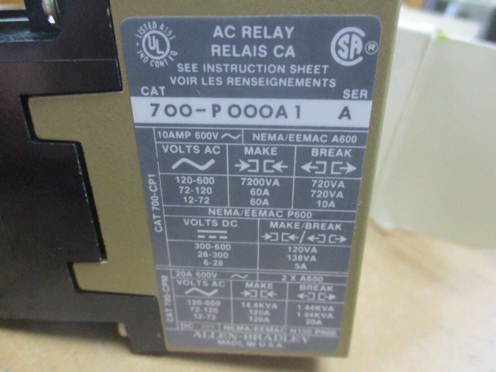 Allen-Bradley Type P Control Relay 700-P000A1 115-120V Coil New Surplus