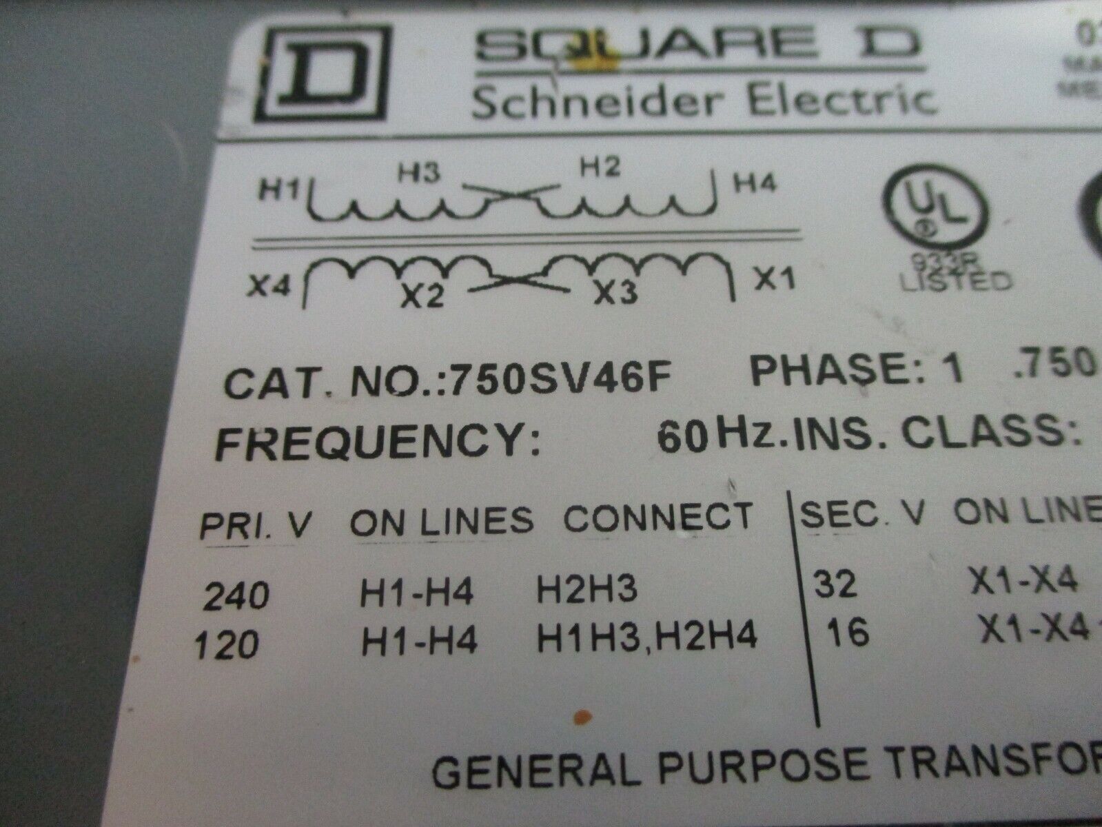 Square D 3R Transformer 750SV46F 0.750kVA Pri: 120/240V Sec: 16/32V 1Ph 60Hz