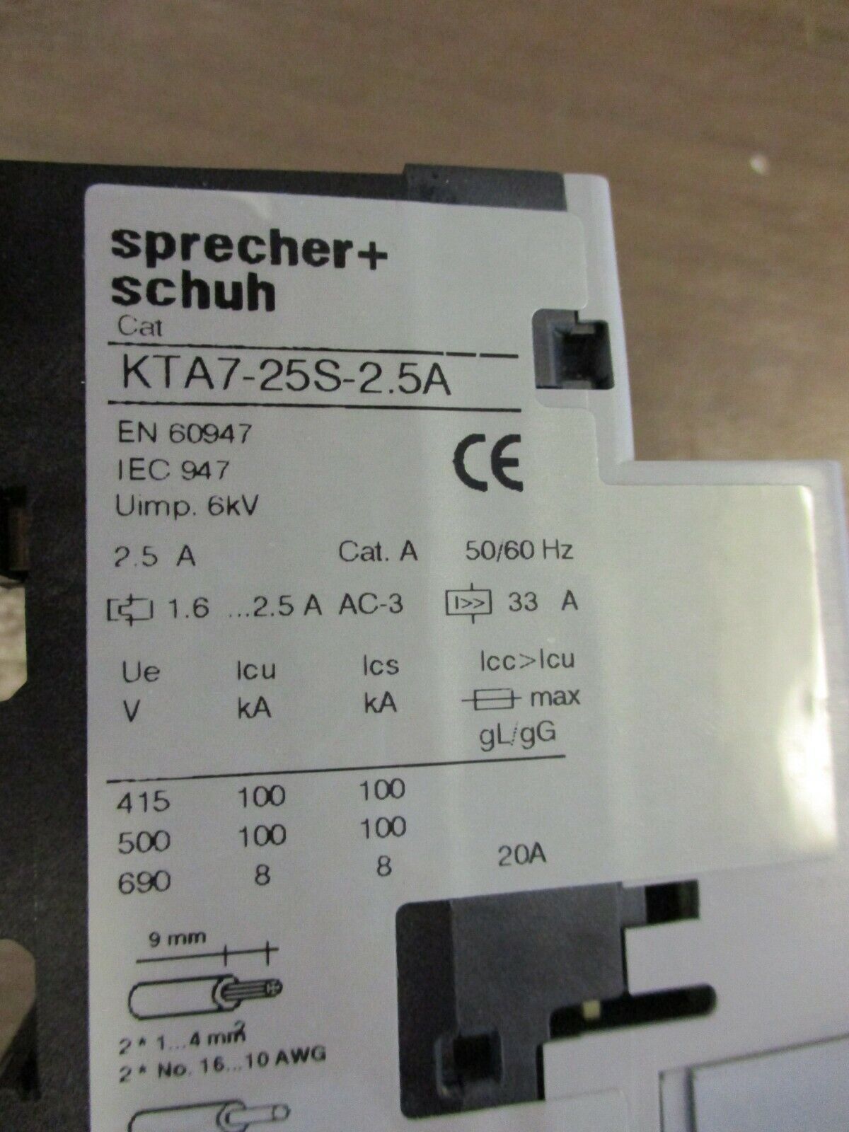 Sprecher+Schuh Motor Protector KTA7-25S-2.5A Trip: 1.6-2.5A Used