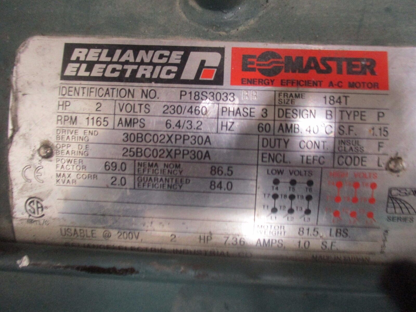 Reliance A-C Motor P18S3033BB 2HP 1165RPM 230/460V 6.4/3.2A Used