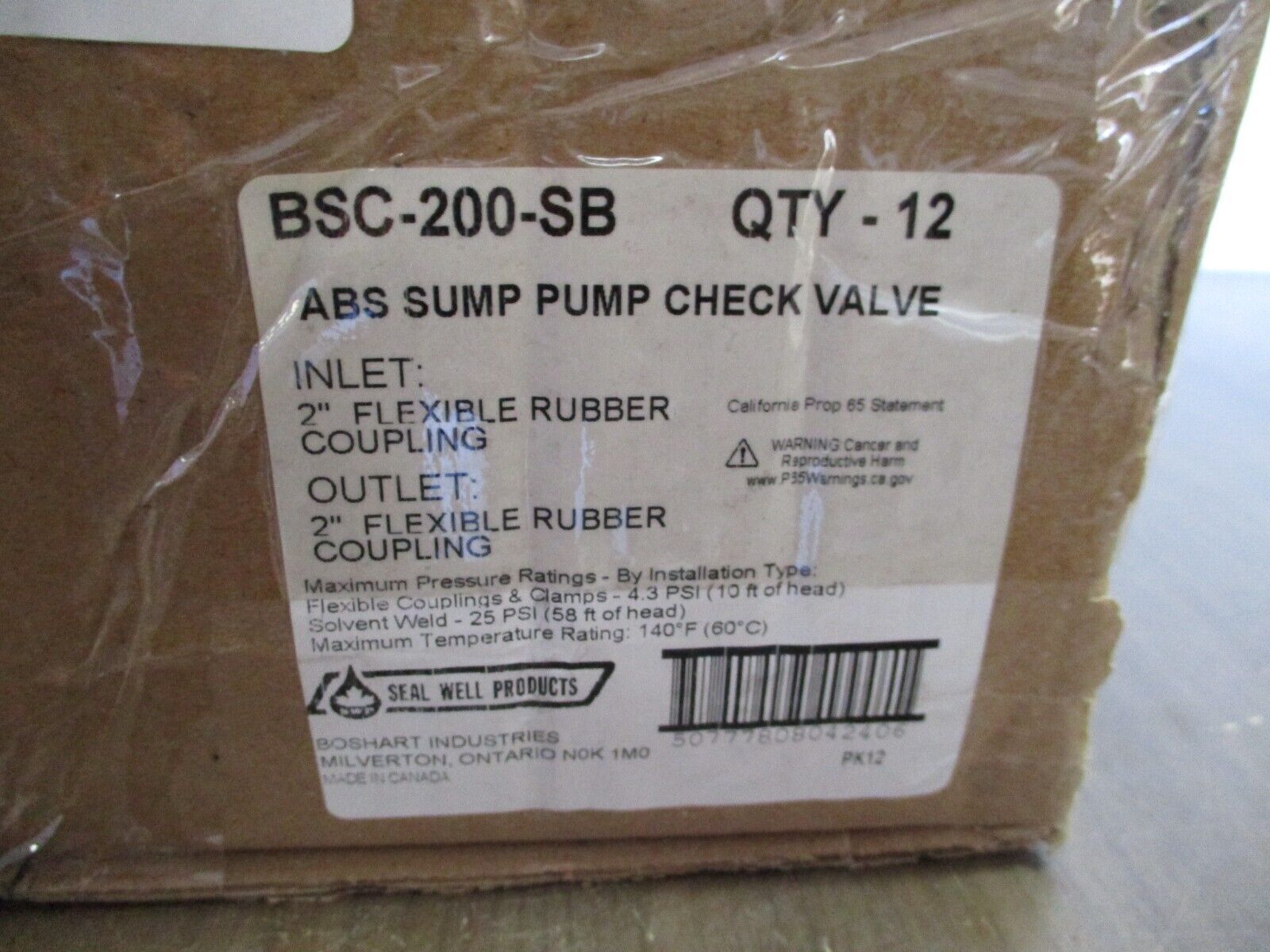Boshart ABS Sump Pump Check Valve BSC-200-SB *Box of 12* New Surplus