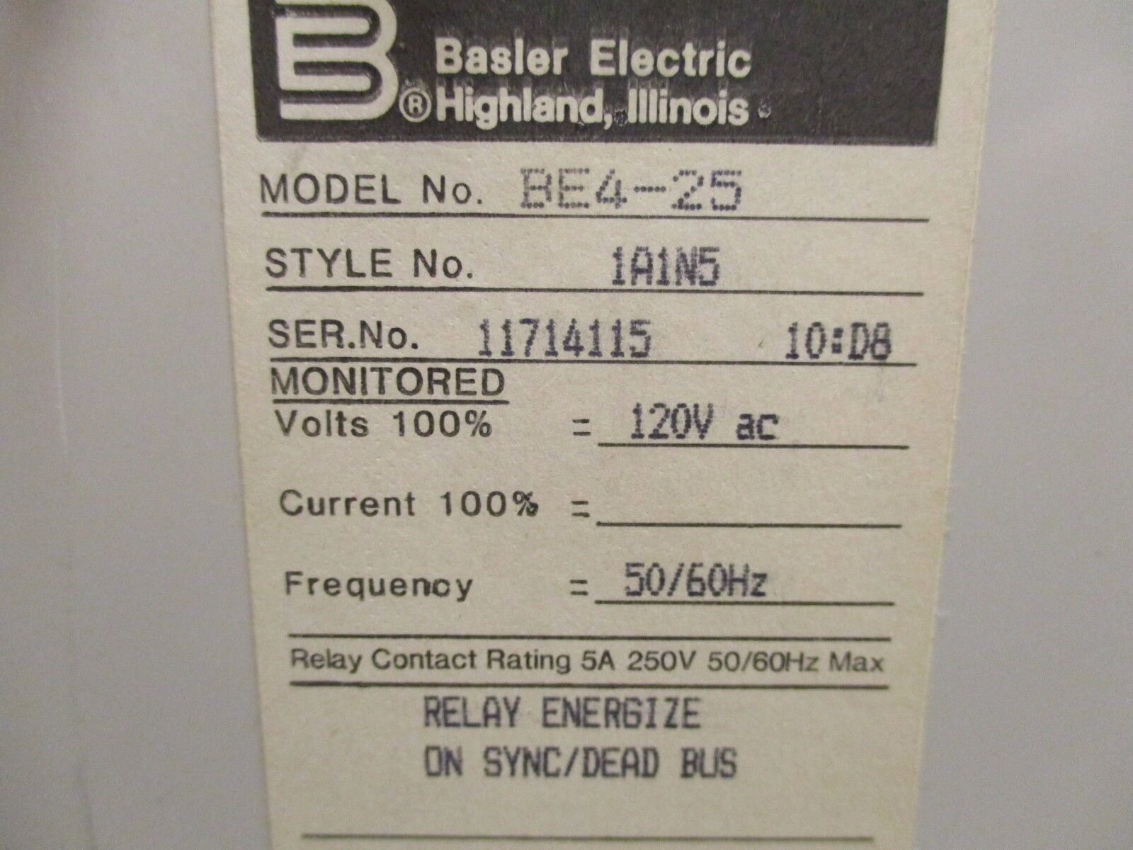 Basler Electric Sync-Check Relay BE4-25 120V 50/60Hz Used