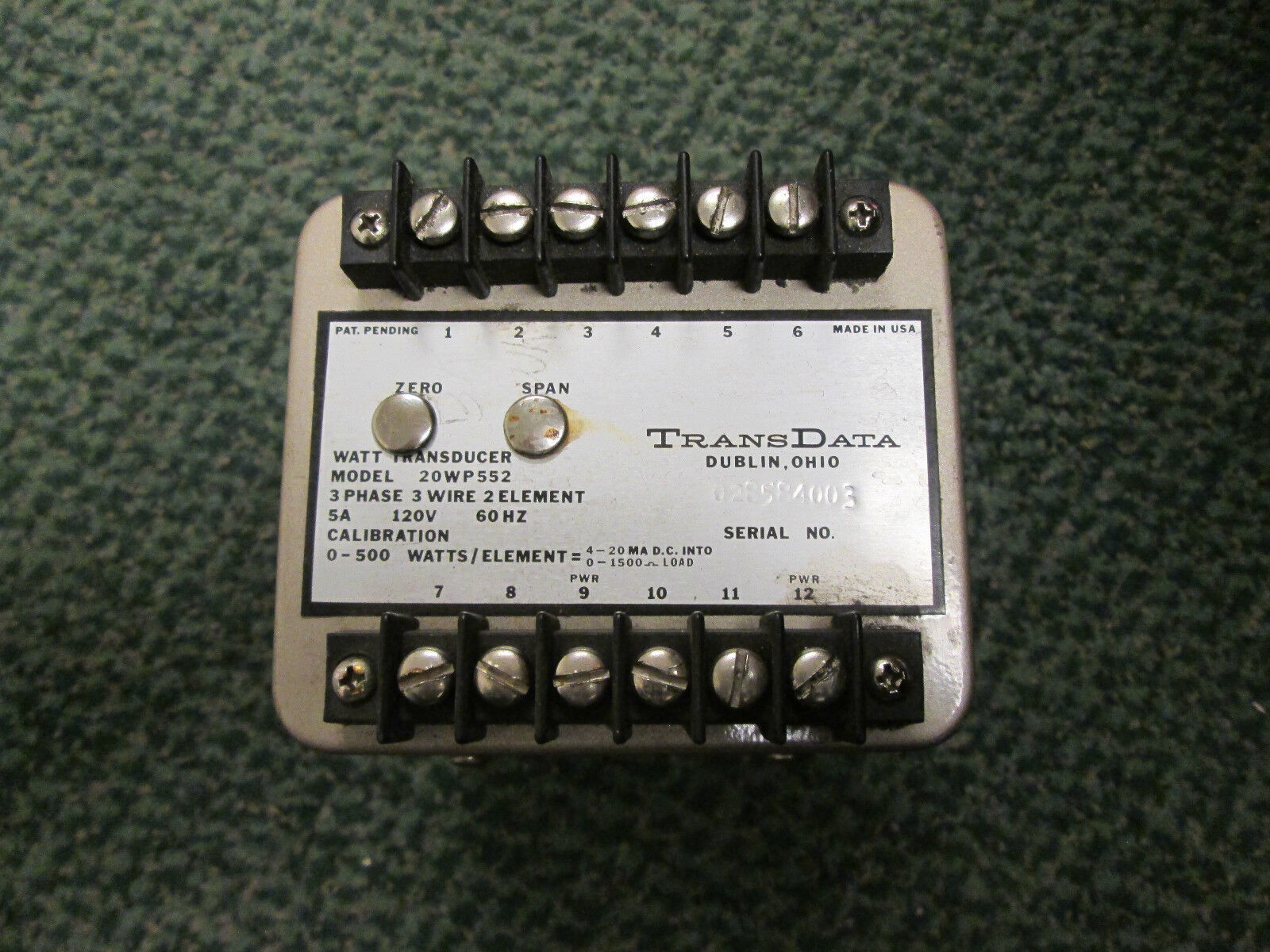 Transdata Watt Transducer Model 20WP552 3 Ph, 3 Wire, 2 Element, 5A, 120V, 60 HZ