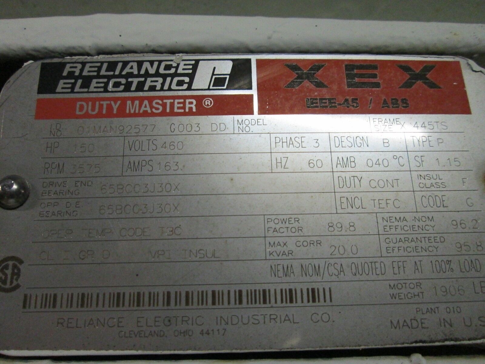 Reliance Motor 01MAN92577 150HP 3600RPM X 445TS Frame 460V 163A TEFC Enclosure