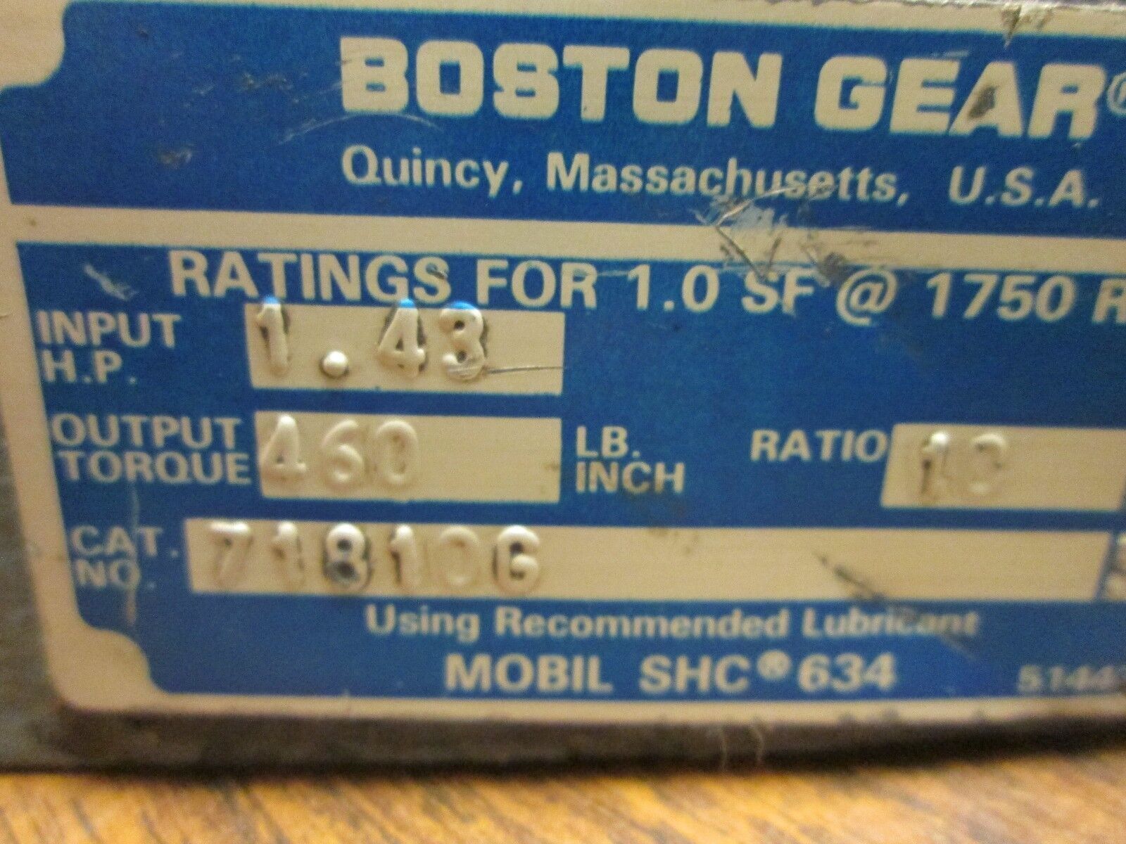 Boston Gear Reducer 71810G Ratio 10:1 1.43 HP IN 460 LB-IN Torque Out