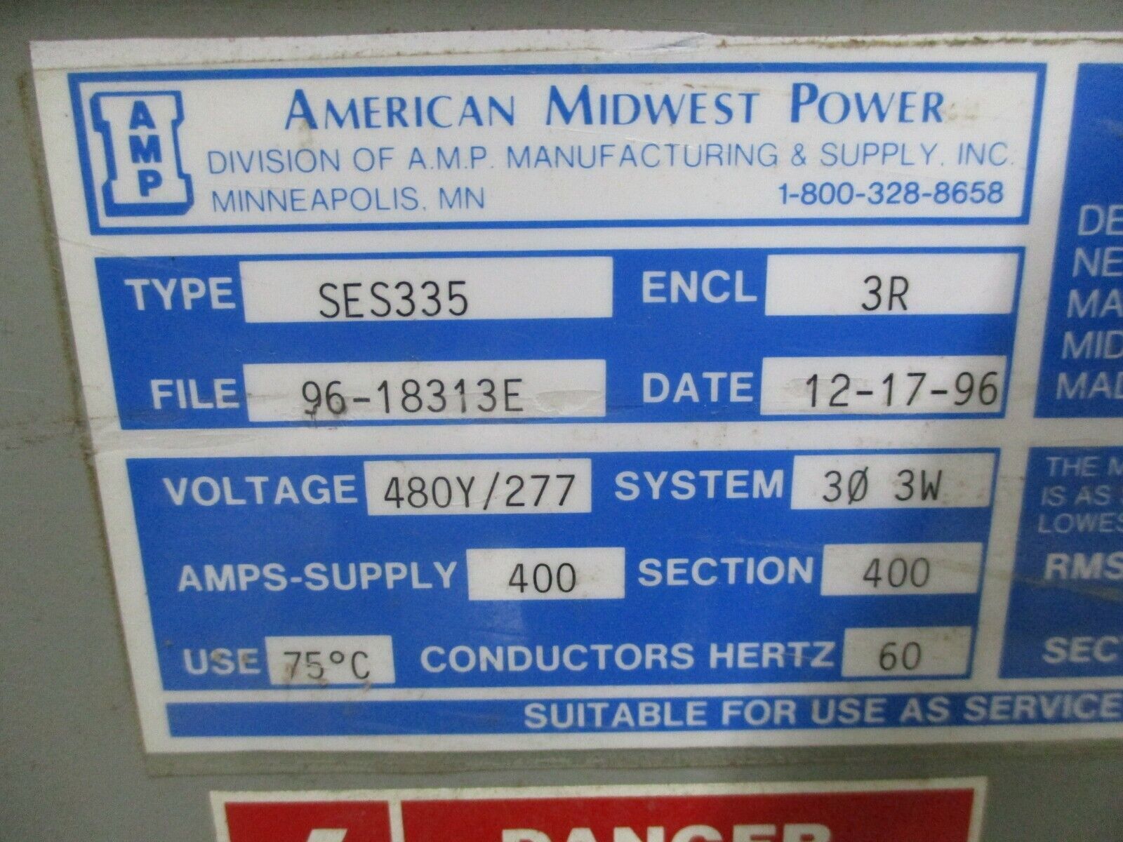 AMP 3R Enclosed Fuse Pullout Switch SES335 400A 480Y/277V 60Hz 3Ph 3W Used