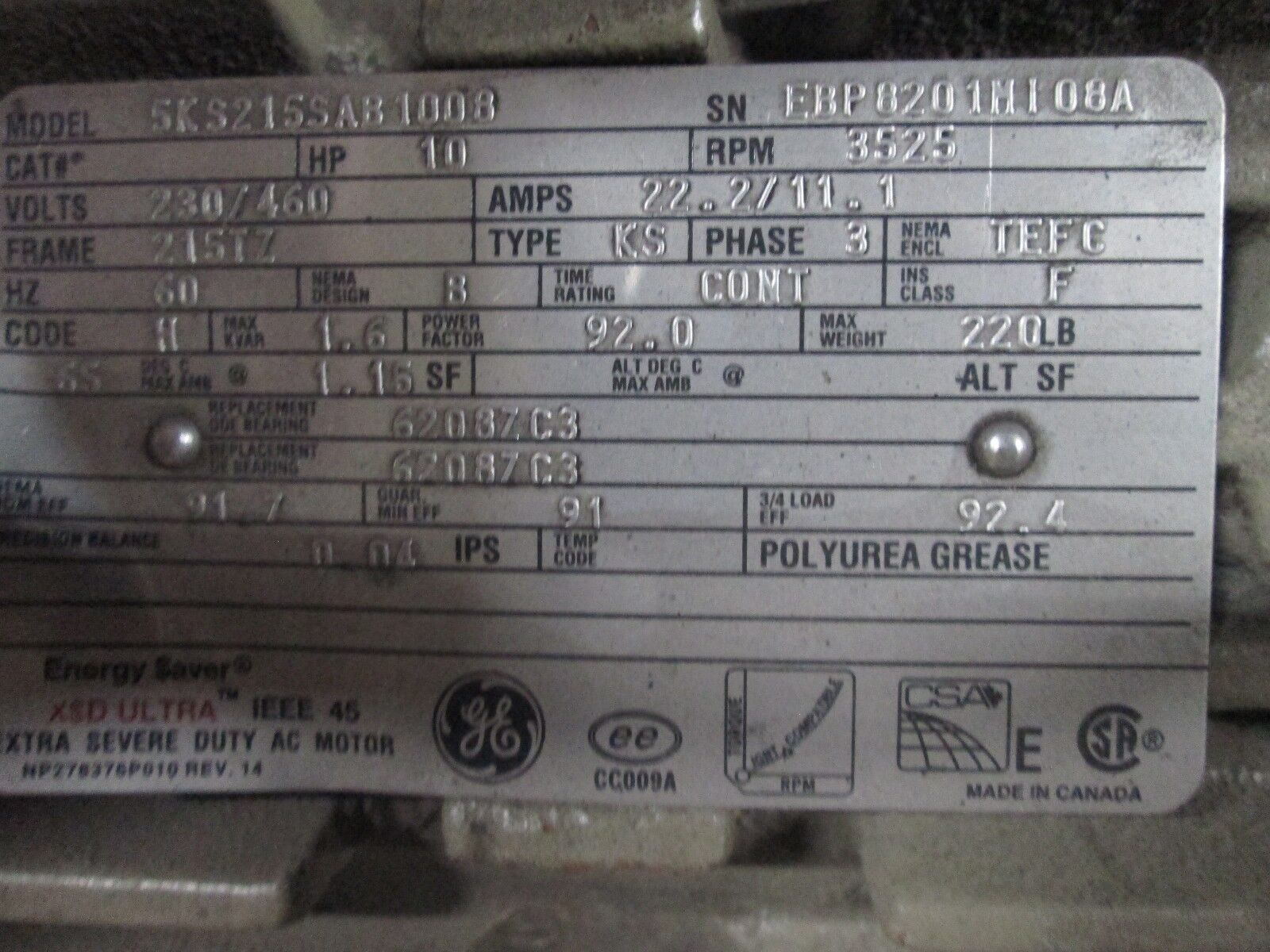 GE AC Motor 5KS215SAB1008 10HP 3525RPM 230/460V 22.2/11.1A 215TZ Frame Used