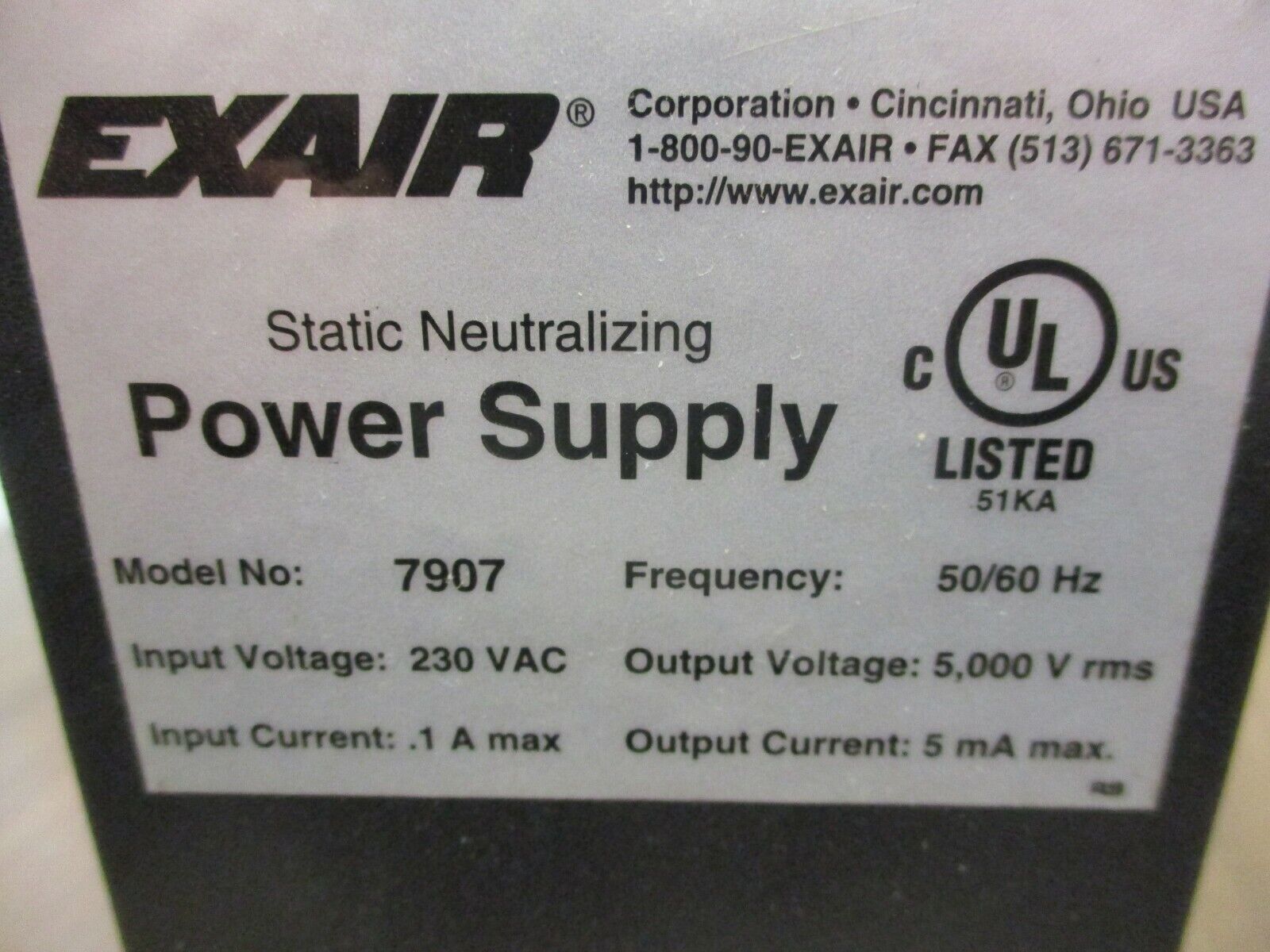 Exair Static Neutralizing Power Supply 7907 50/60Hz Input: 230VAC, 0.1A Used