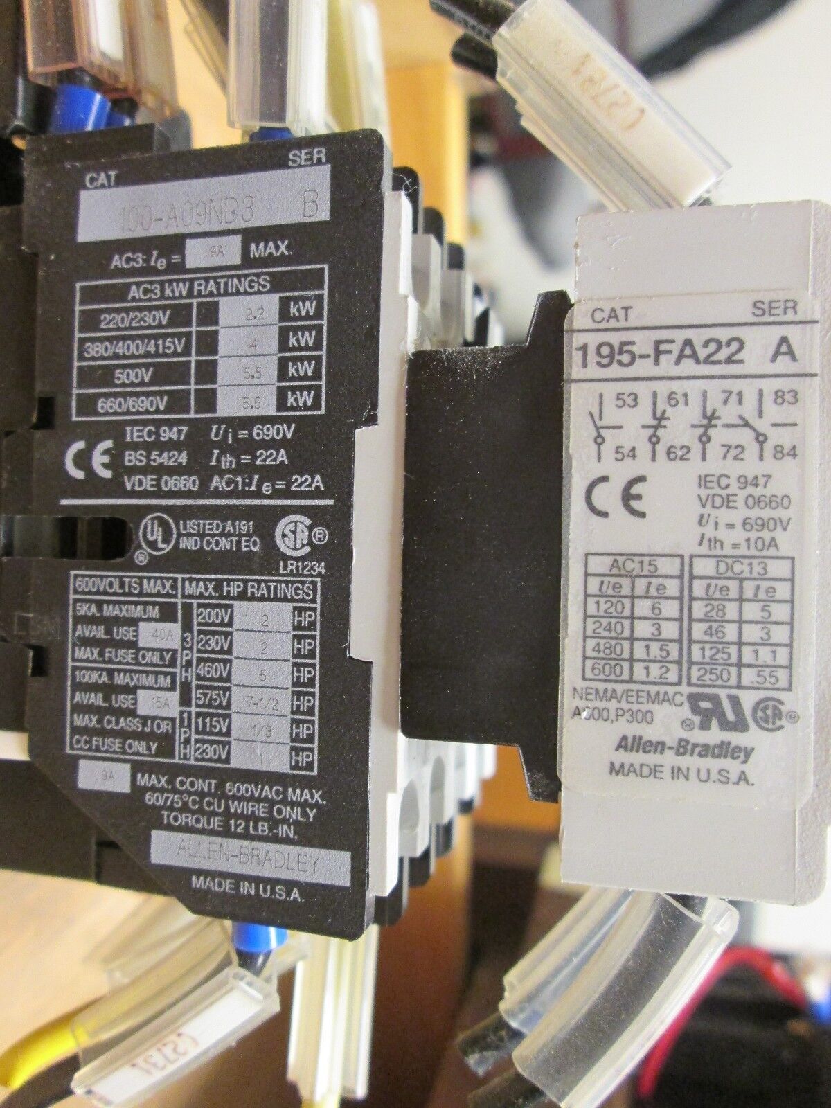 Allen-Bradley Contactor 100-A09ND3 195-FA22 199-FSMA1 9A 600V 120V Coil Used
