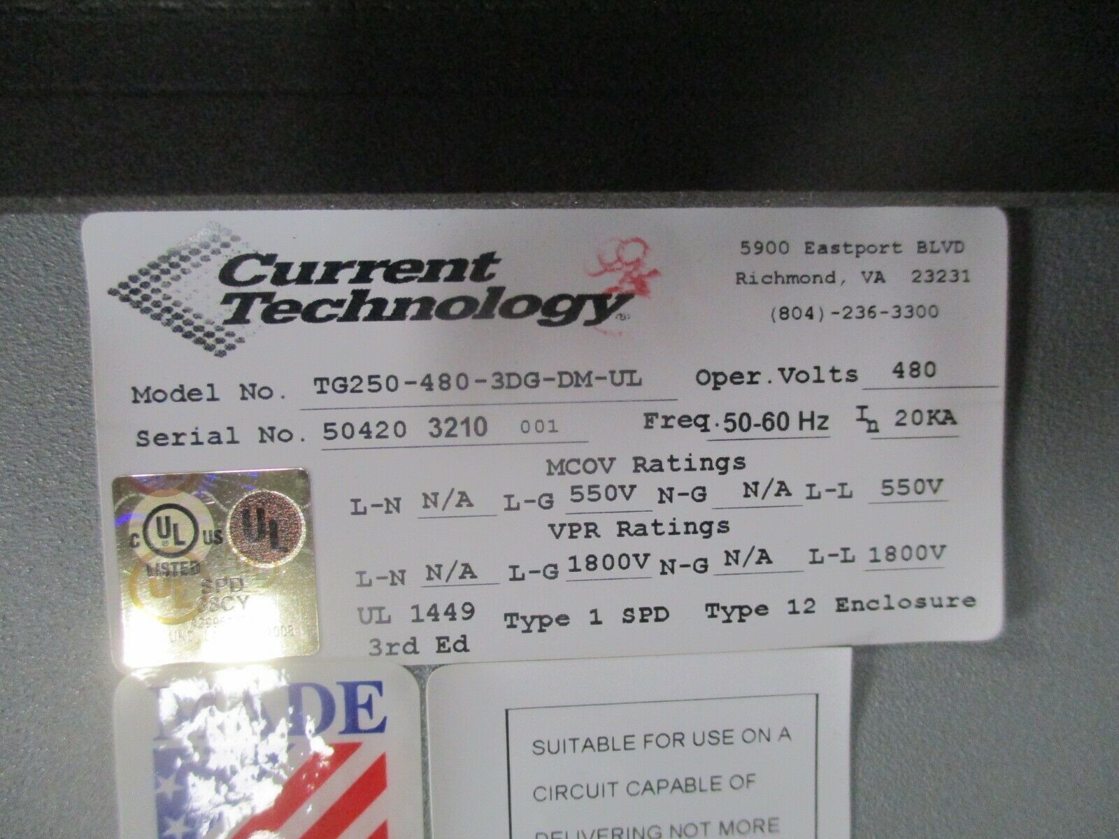 Current Technology TG250 MasterPlan TransGuard Surge Suppressor 20KA 480V Used