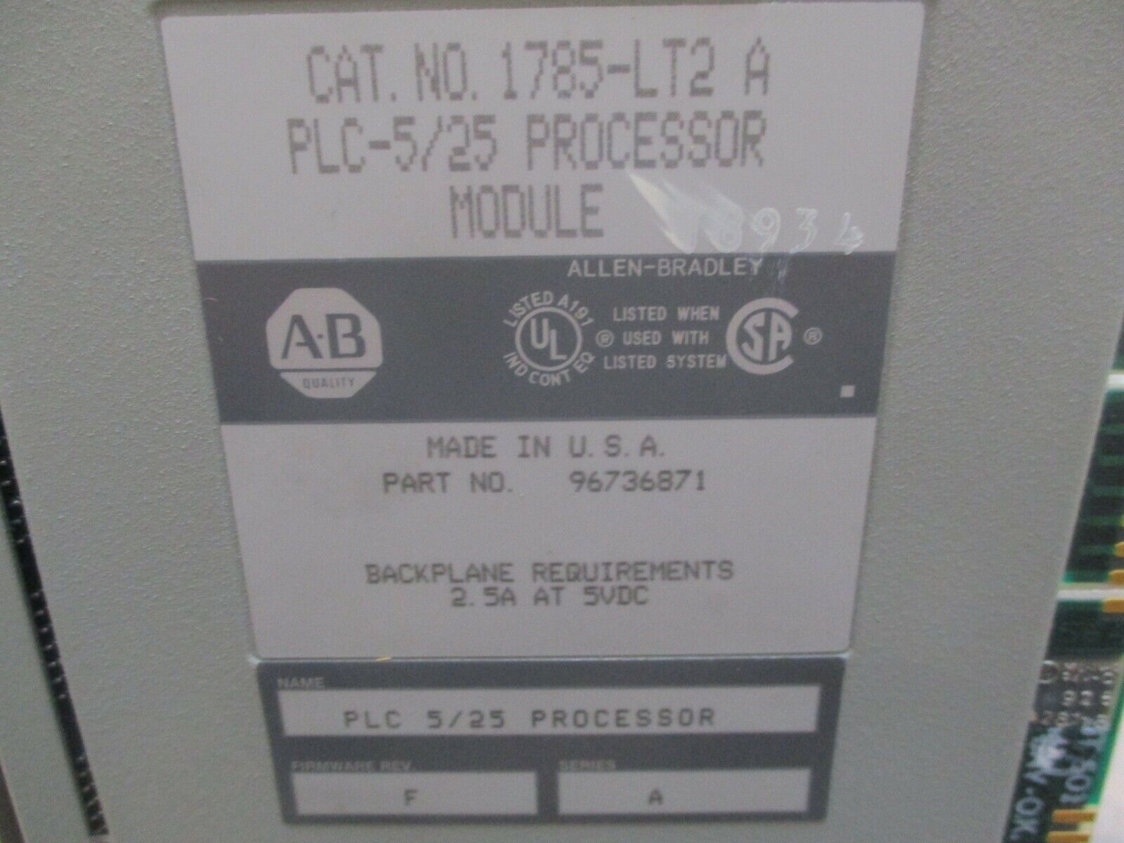 Allen-Bradley PLC-5/25 Processor Module 1785-LT2 A Ser A F/W Rev F Used *No Key*