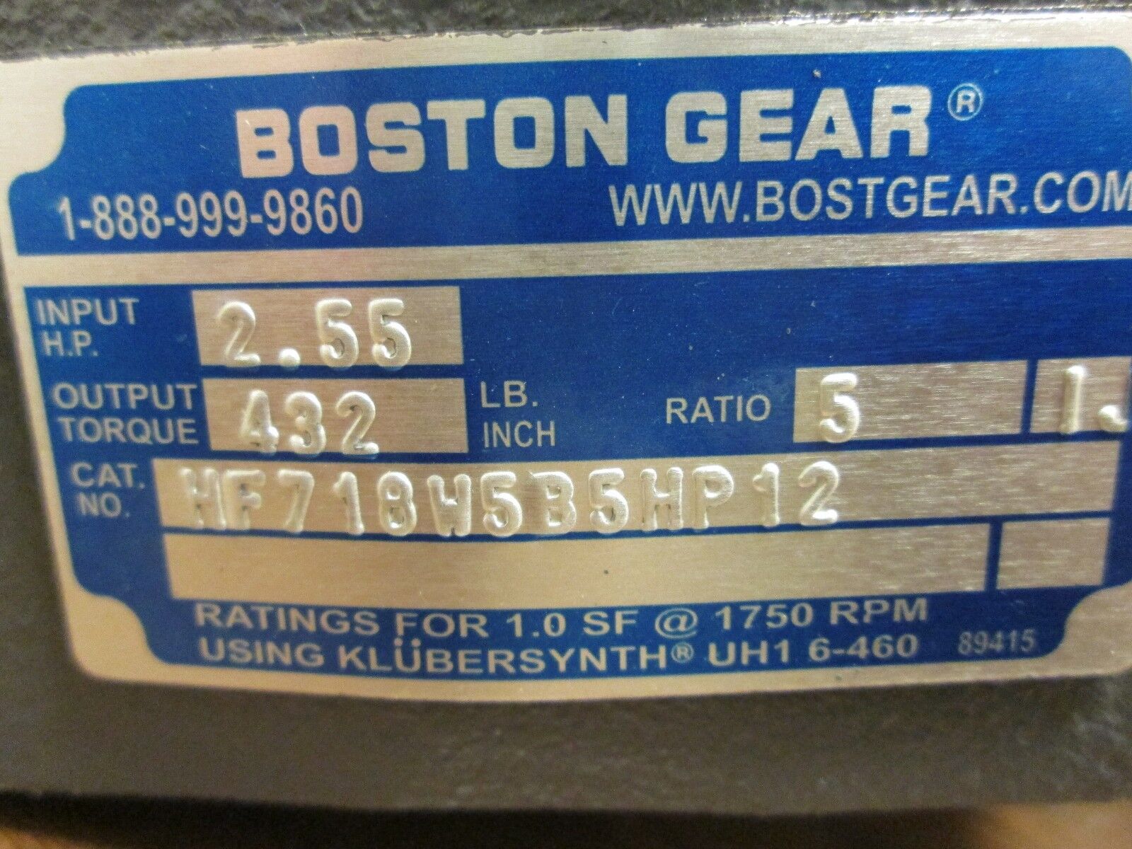 Boston Gear Reducer HF718W5B5HP12 Ratio 5:1 2.55 HP IN 432 LB-IN Torque Out